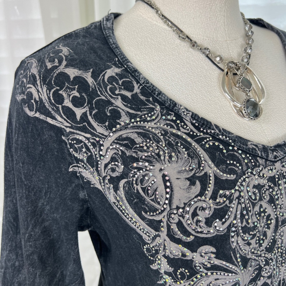 Vocal Womens XL Black Acid Wash Rhinestone Tunic Top whimsi dark fairy grunge - Picture 5 of 8